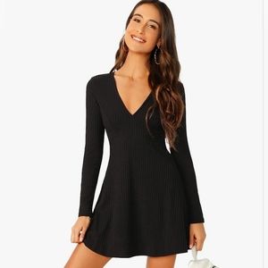 Women's Elegant Deep V Neck Long Sleeve Ribbed Short Skater Dress